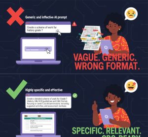 A Kenyan teacher using a structured blueprint to write effective ChatGPT prompts for CBC lesson plans and school documents.